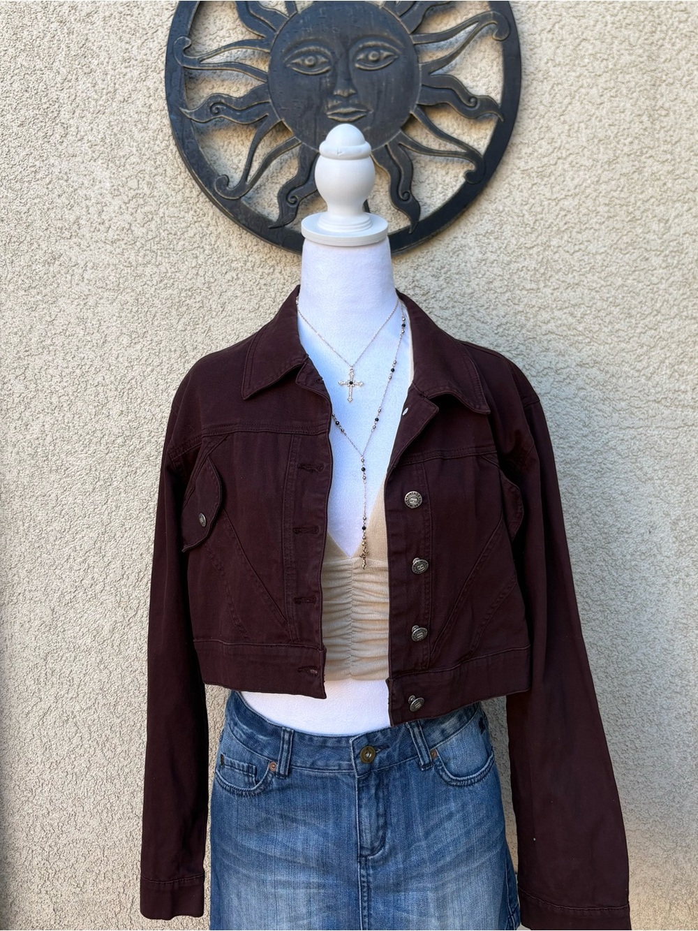 Heatwave Vintage Brown Cropped Denim Jacket Everyday Fall Casual